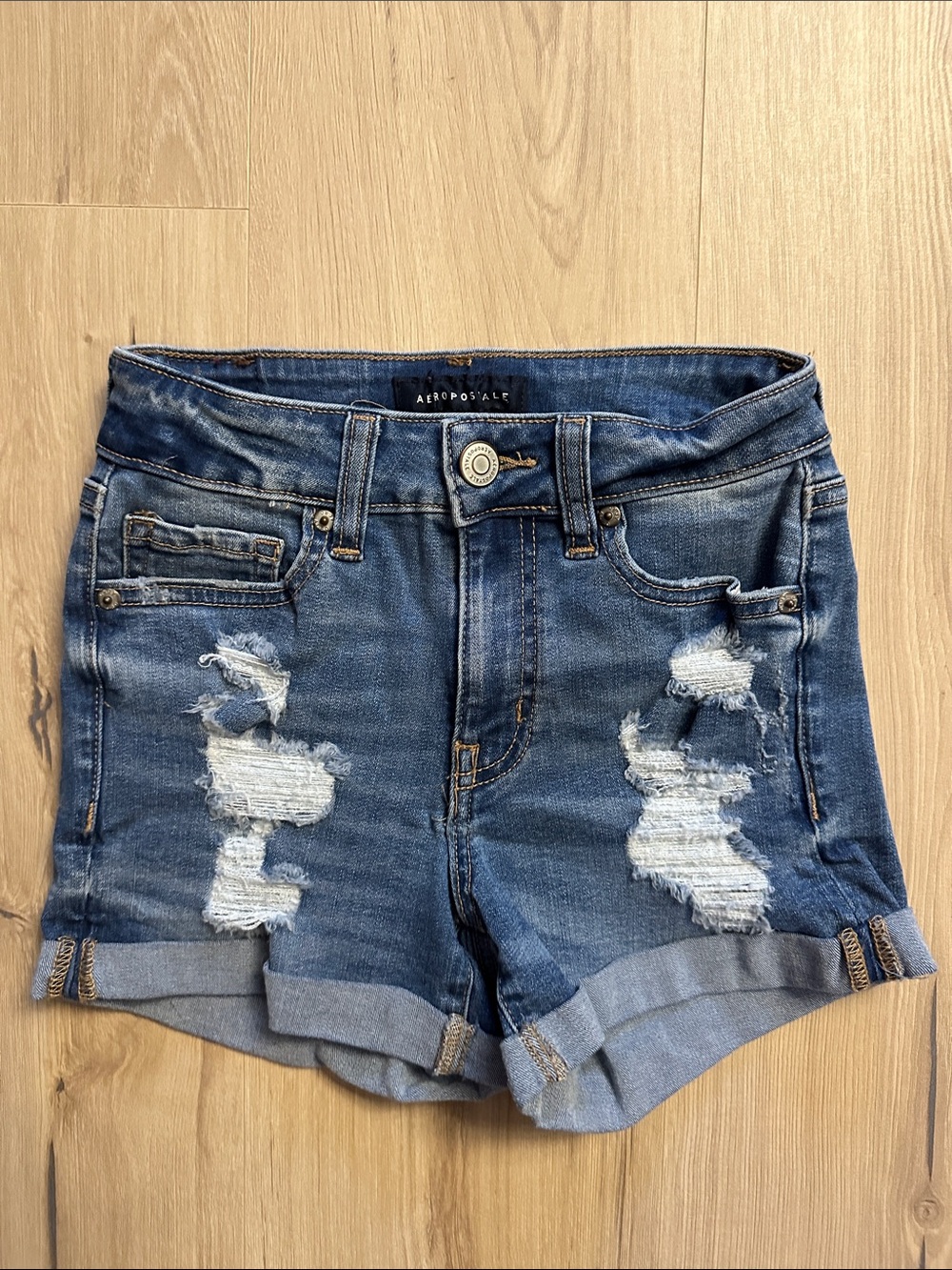 Aeropostale Women's Distressed Denim Jean Shorts - Blue Wash